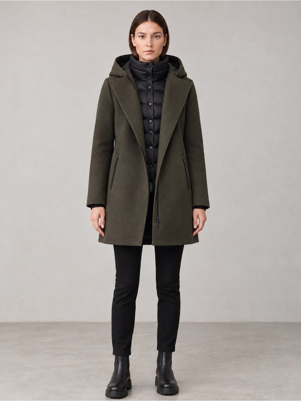 SOIA & KYO Olive Green Wool Puffer Mixed Media Hooded Coat Size S